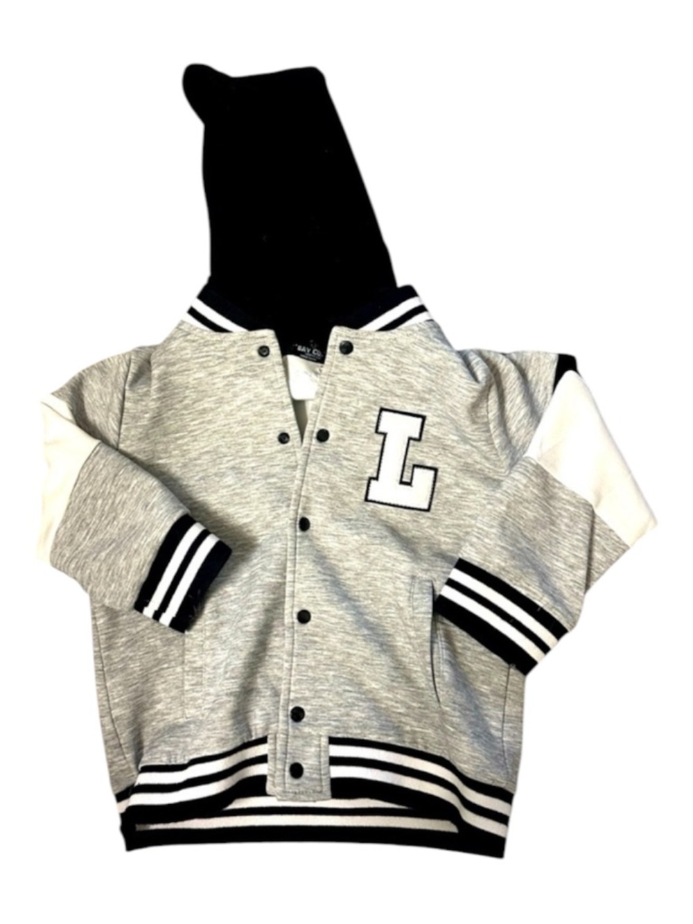 Bay Co Gray and Black Varsity Jacket “L” in 2T